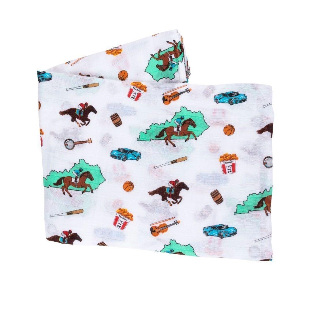 Gift Set: Kentucky Baby Muslin Swaddle Blanket and Burp Cloth/Bib Combo Hospital Coming Home Essential