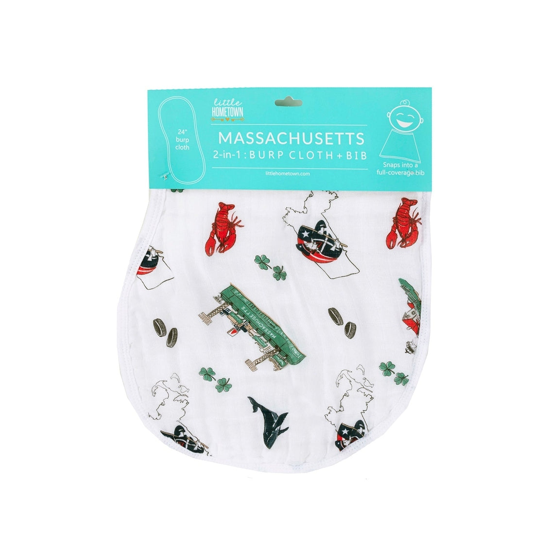 Gift Set: Massachusetts Baby Muslin Swaddle Blanket and Burp Cloth/Bib Combo - Little Hometown