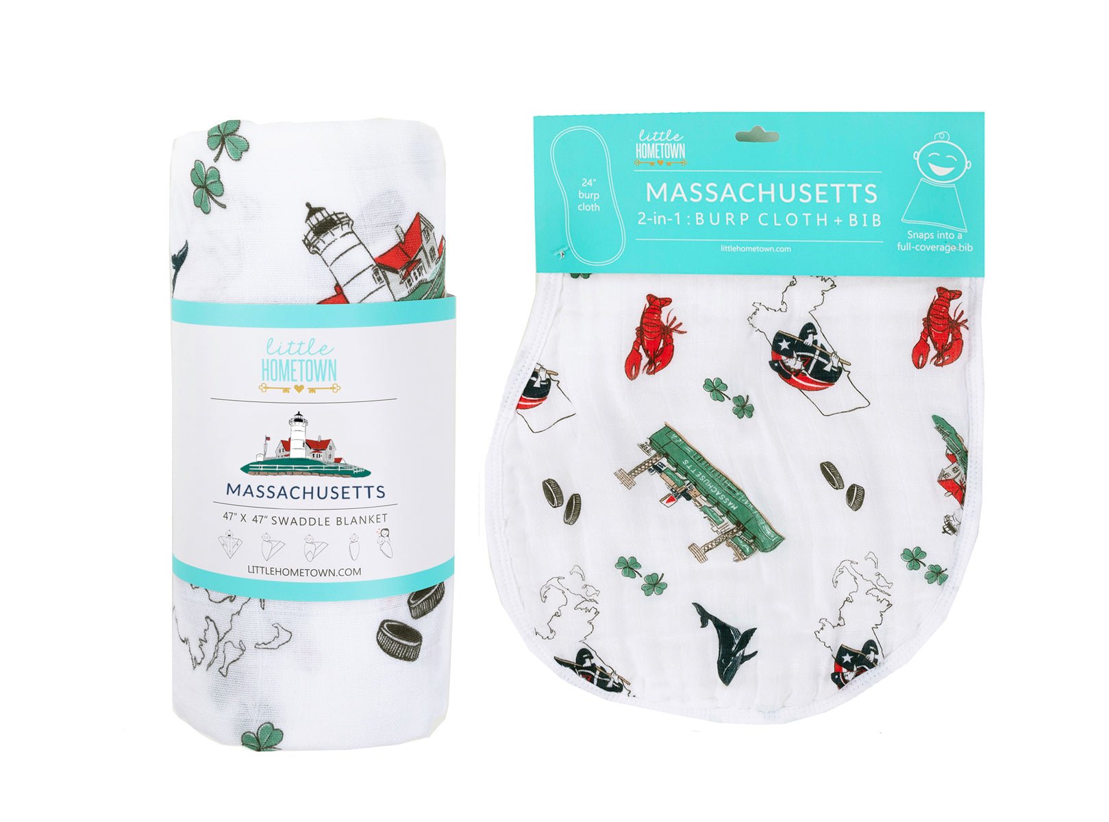 Gift Set: Massachusetts Baby Muslin Swaddle Blanket and Burp Cloth/Bib Combo - Little Hometown