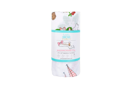 Gift Set: Massachusetts Floral Baby Muslin Swaddle Blanket and Burp Cloth/Bib Combo - Little Hometown