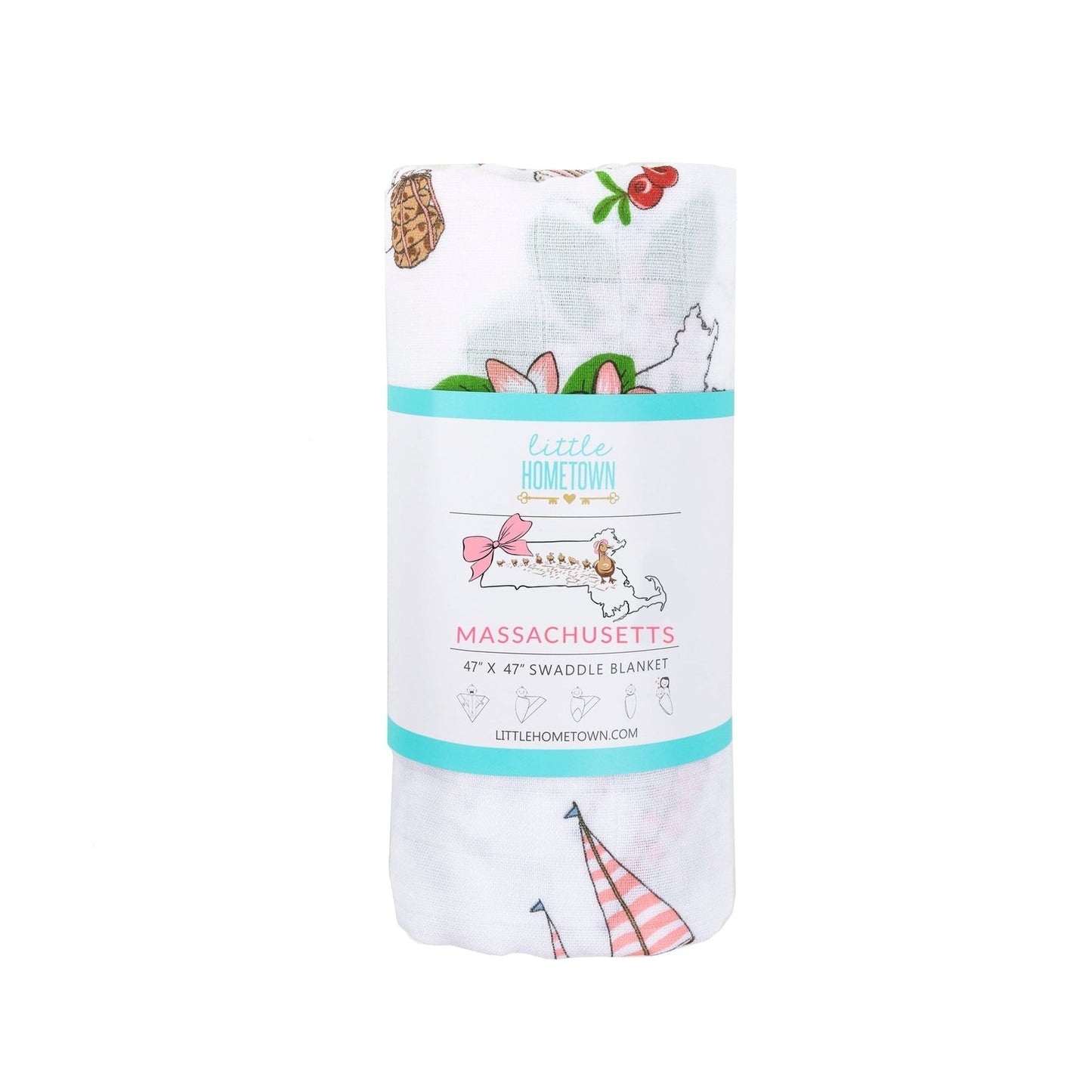 Gift Set: Massachusetts Floral Baby Muslin Swaddle Blanket and Burp Cloth/Bib Combo - Little Hometown