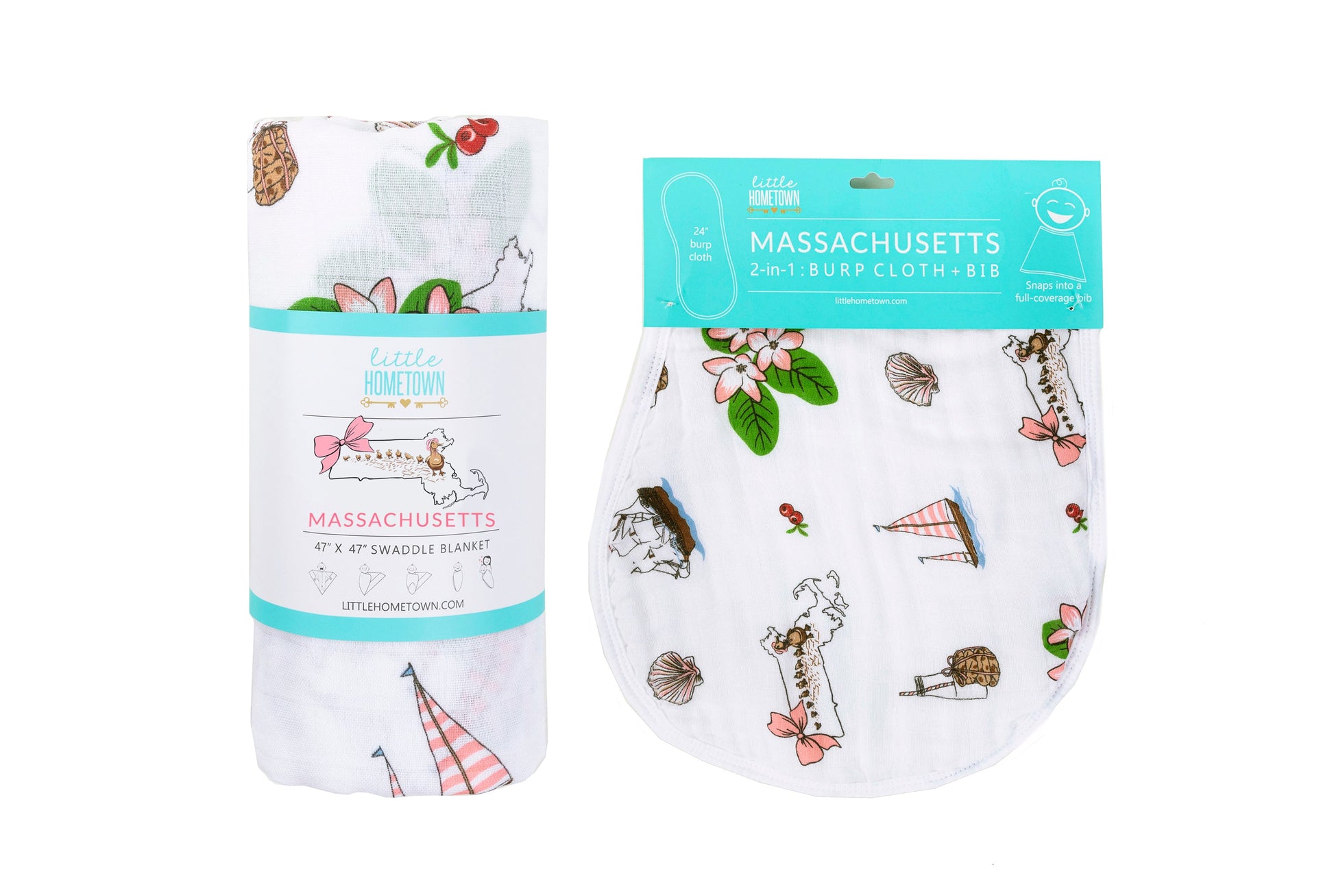 Gift Set: Massachusetts Floral Baby Muslin Swaddle Blanket and Burp Cloth/Bib Combo - Little Hometown