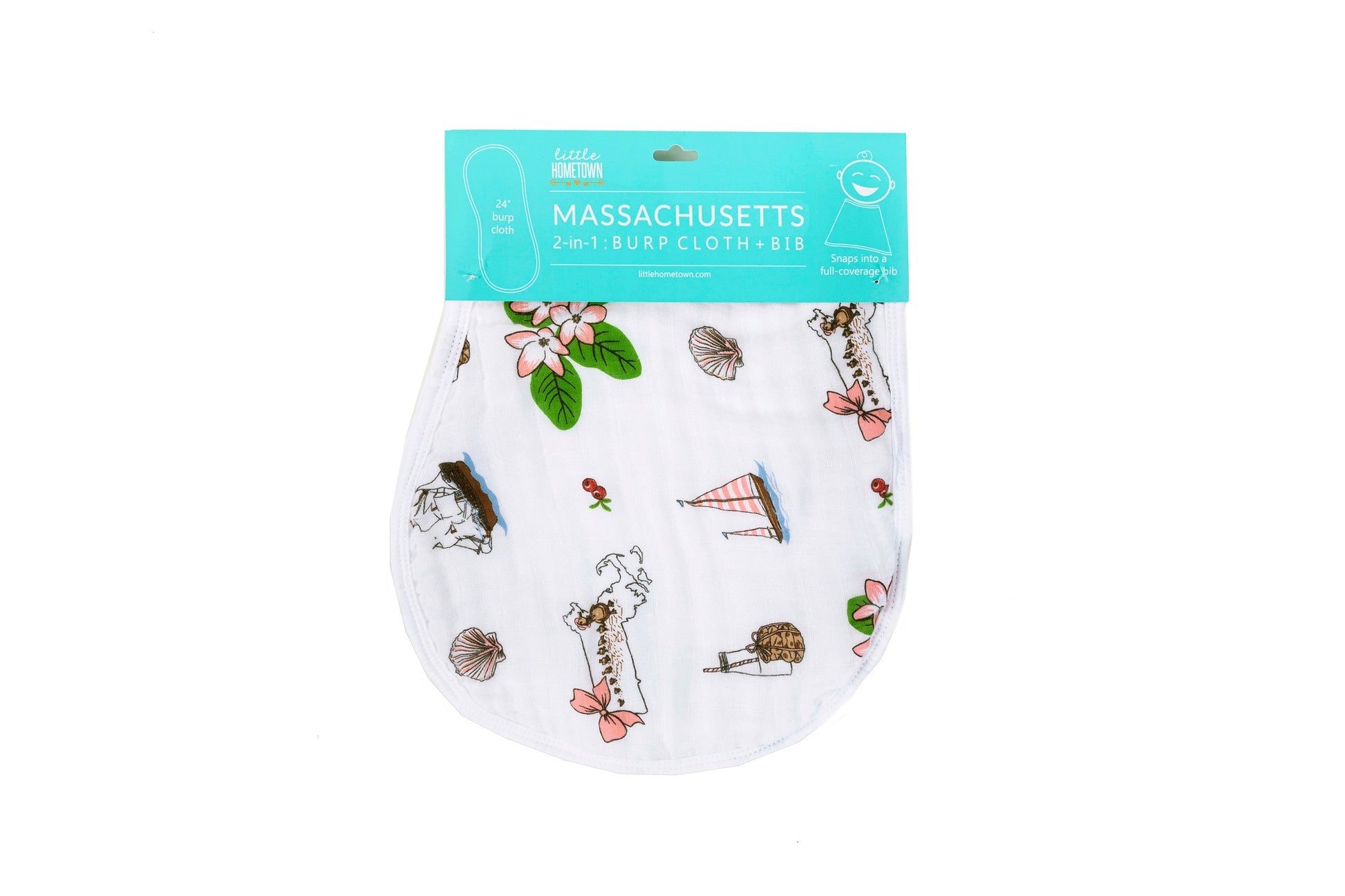 Gift Set: Massachusetts Floral Baby Muslin Swaddle Blanket and Burp Cloth/Bib Combo - Little Hometown