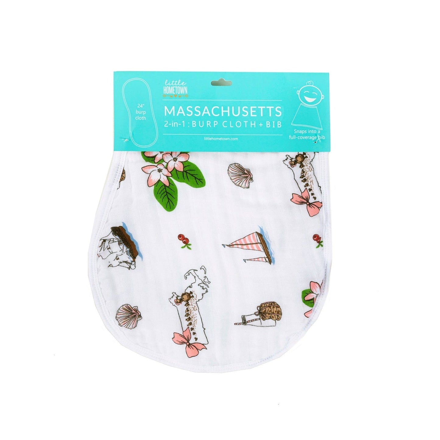 Gift Set: Massachusetts Floral Baby Muslin Swaddle Blanket and Burp Cloth/Bib Combo - Little Hometown