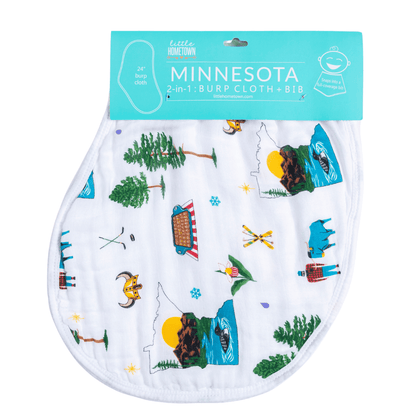 Minnesota-themed baby gift set with muslin swaddle blanket, burp cloth, and bib featuring state icons.