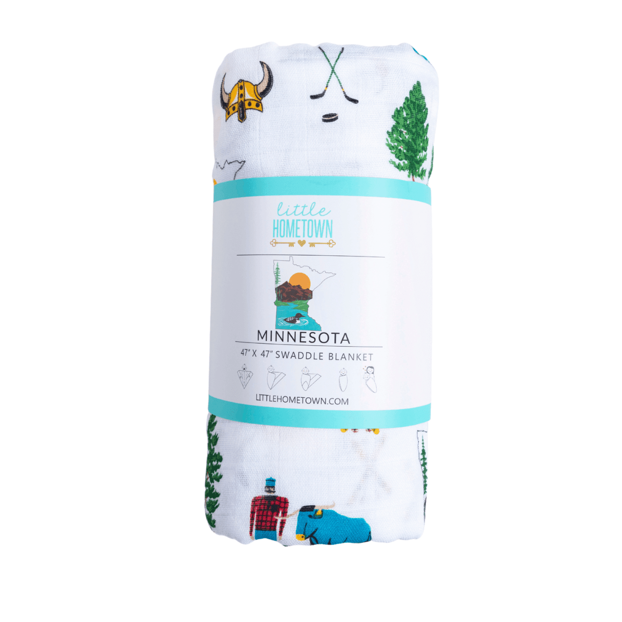 Minnesota-themed baby gift set with muslin swaddle blanket, burp cloth, and bib featuring state icons.