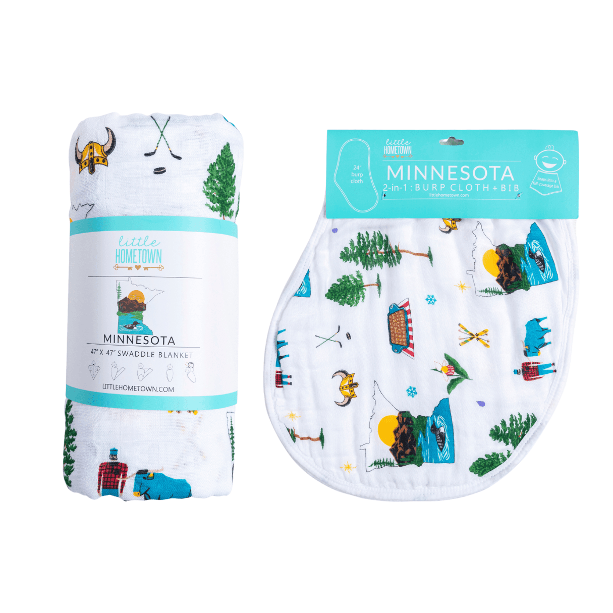 Minnesota-themed baby gift set with muslin swaddle blanket, burp cloth, and bib, featuring state icons and text.