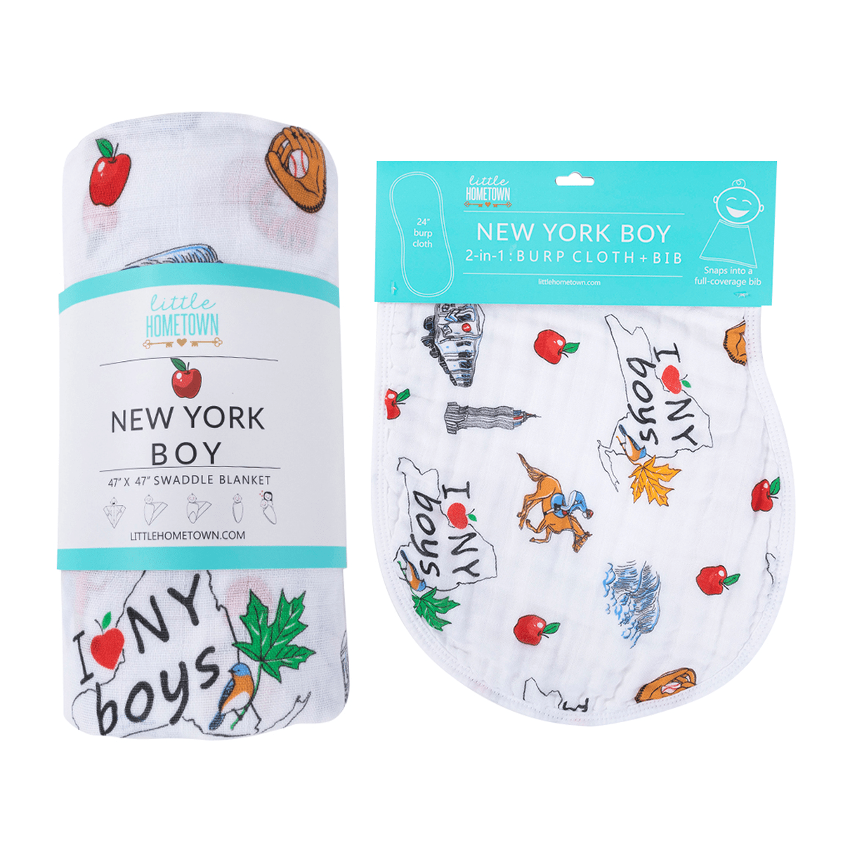 Gift Set: New York Baby Boy Muslin Swaddle Blanket and Burp Cloth/Bib Combo - Little Hometown