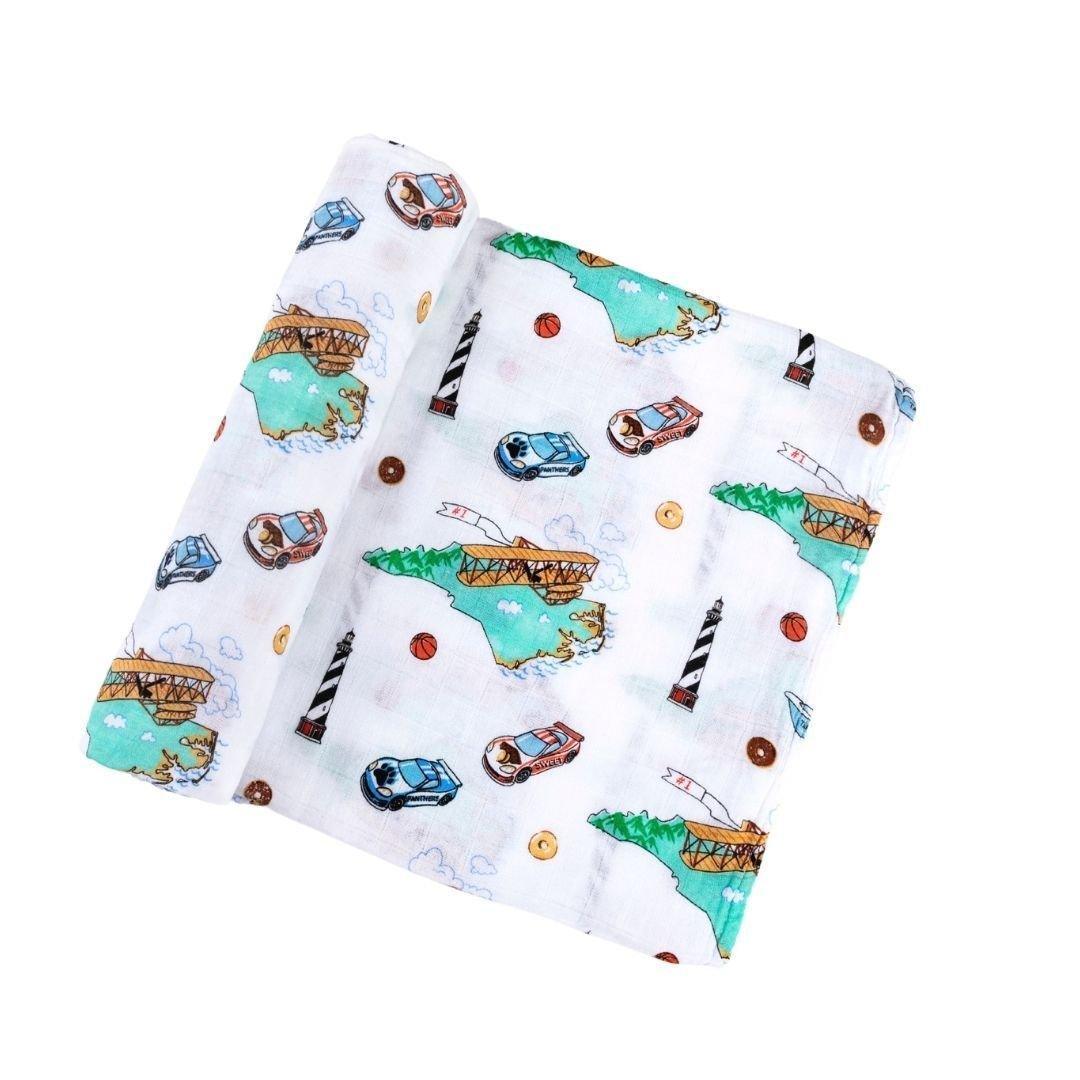 Gift Set: North Carolina Baby Muslin Swaddle Blanket and Burp Cloth/Bib Combo Soft Breathable Bamboo Cotton