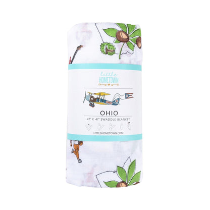 Gift Set: Ohio Baby Muslin Swaddle Receiving Blanket and Burp Cloth / Bib Combo Hospital Coming Home Essential