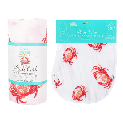 Gift Set: Pink Crab Baby Muslin Swaddle Blanket and Burp Cloth/Bib Combo Soft Breathable Bamboo Cotton