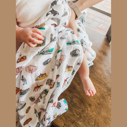 Gift Set: Seattle Baby Muslin Swaddle Blanket and Burp Cloth/Bib Combo - Little Hometown
