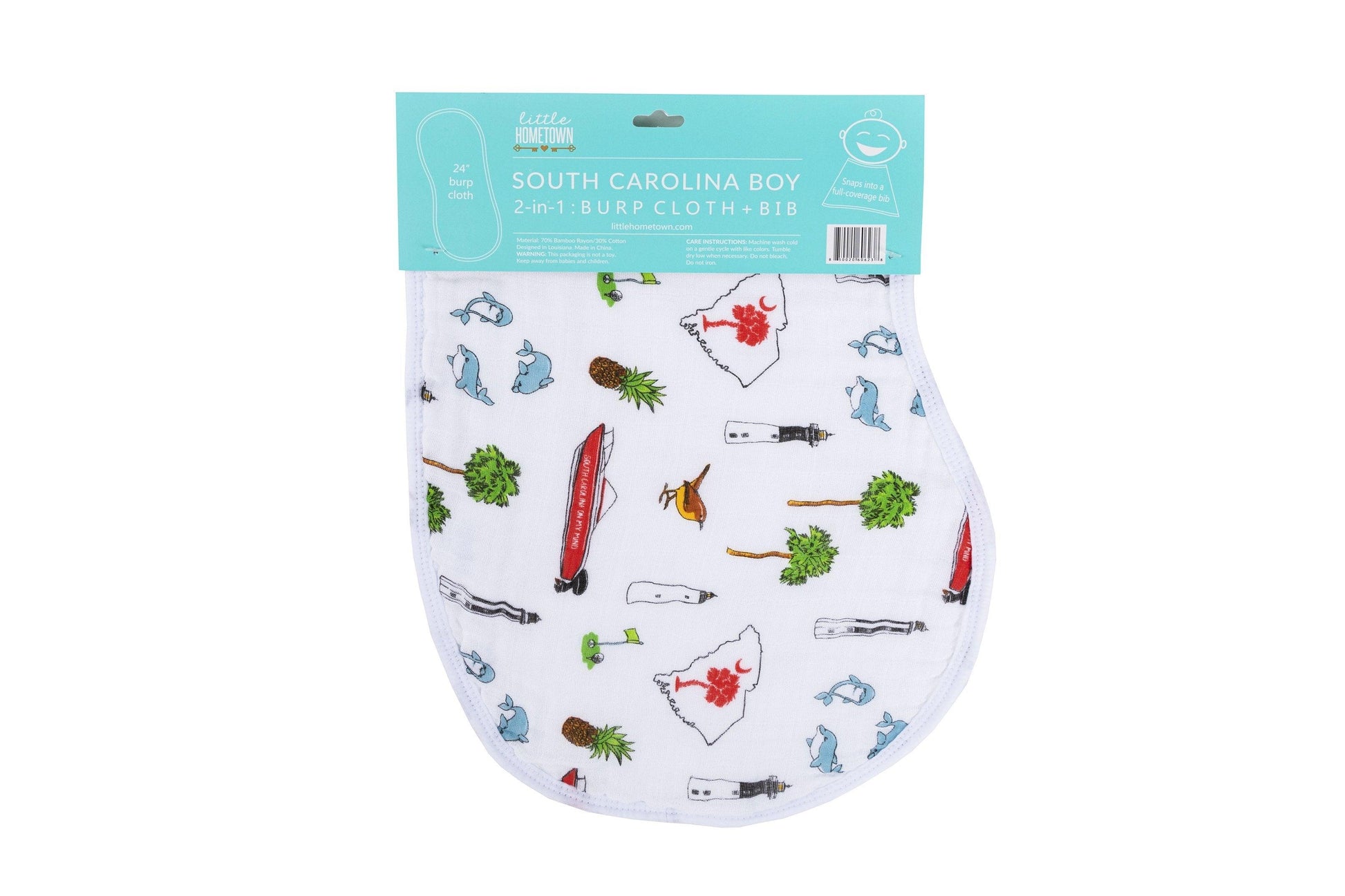 Gift Set: South Carolina Baby Boy Muslin Swaddle Blanket and Burp Cloth/Bib Combo - Little Hometown