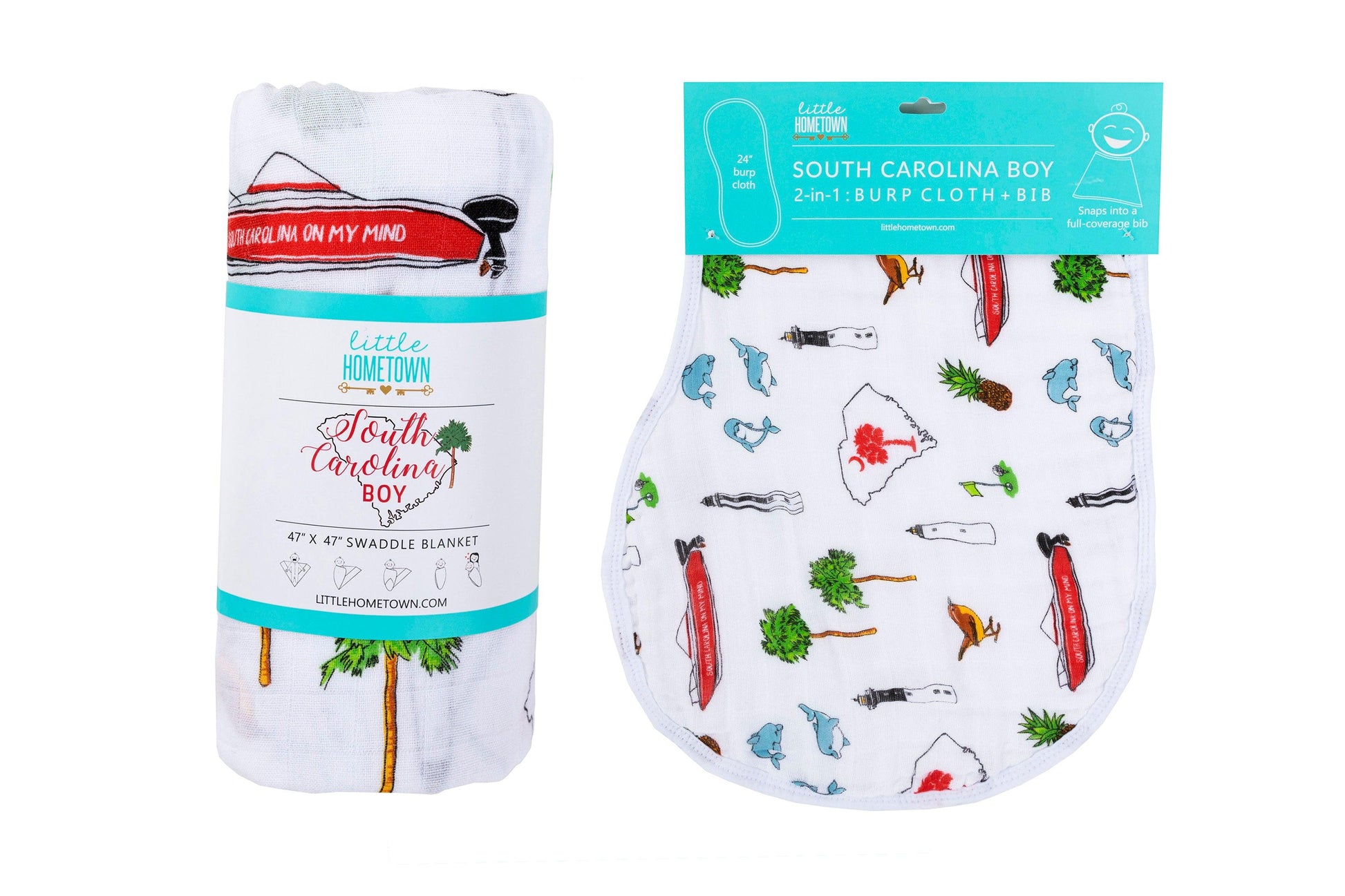 Gift Set: South Carolina Baby Boy Muslin Swaddle Blanket and Burp Cloth/Bib Combo - Little Hometown