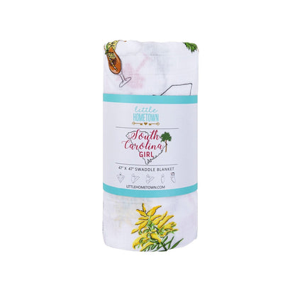 Gift Set: South Carolina Girl Baby Muslin Swaddle Blanket and Burp Cloth/Bib Combo Soft Breathable Bamboo Cotton