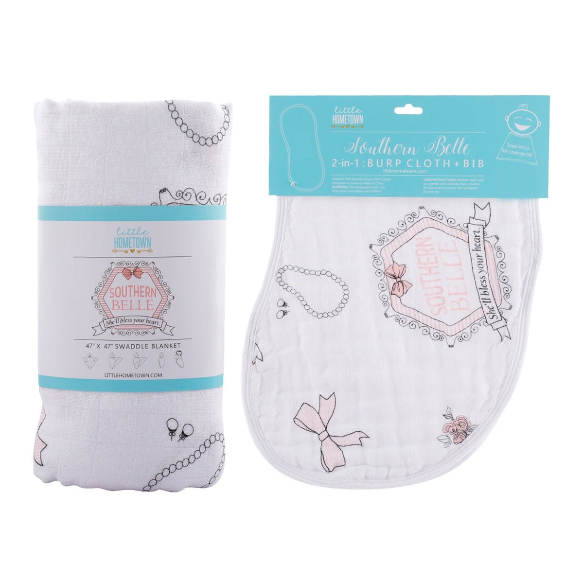 Gift Set: Southern Belle Baby Muslin Swaddle Blanket and Burp Cloth/Bib Combo - Little Hometown