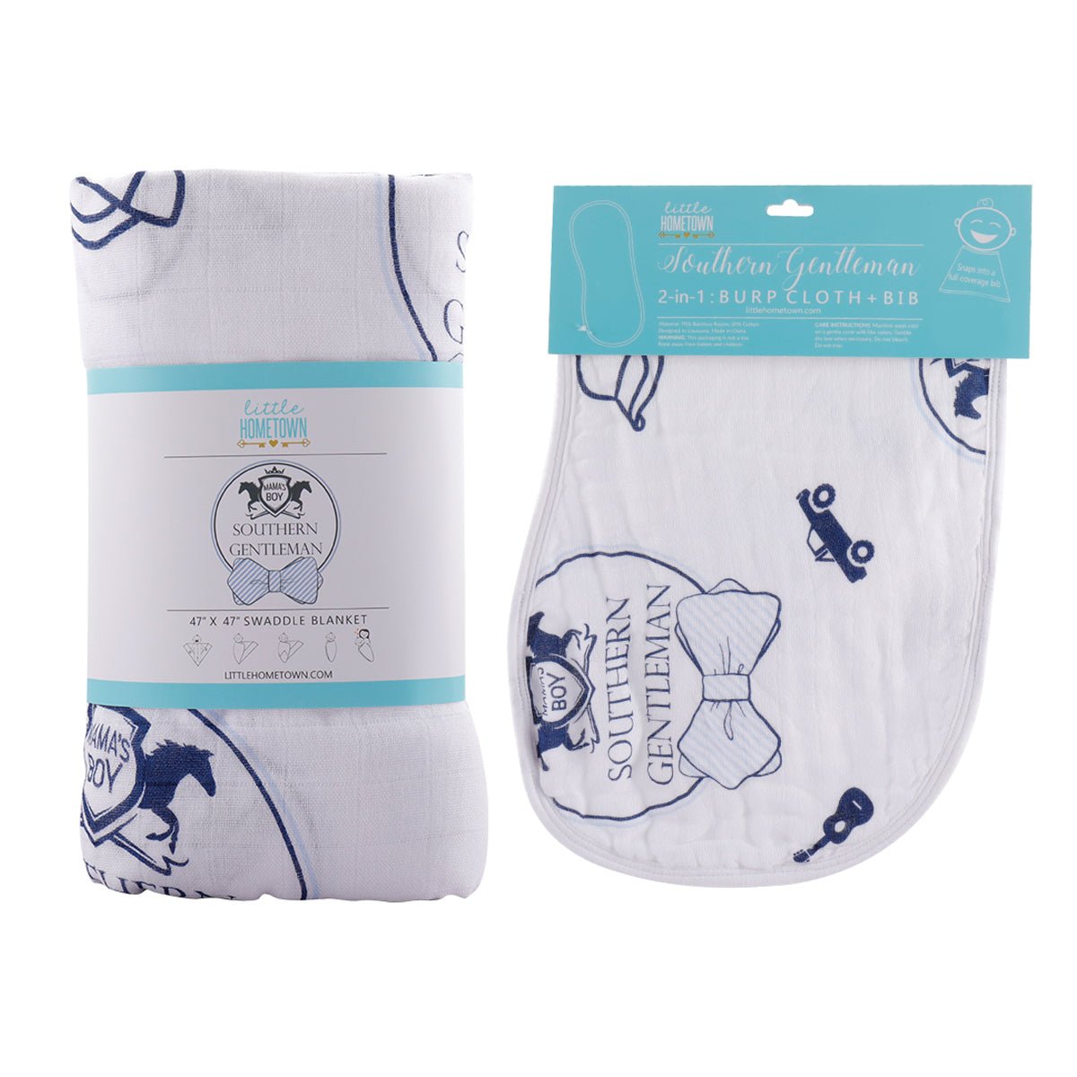 Gift Set: Southern Gentleman Baby Muslin Swaddle Blanket and Burp Cloth/Bib Combo - Little Hometown
