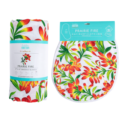 GiftSet: Prairie Fire Baby Muslin Swaddle Blanket and Burp Cloth/Bib Combo - Little Hometown