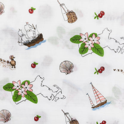 Gift Set: Massachusetts Floral Baby Muslin Swaddle Blanket and Burp Cloth/Bib Combo Baby Shower Essential for Newborn