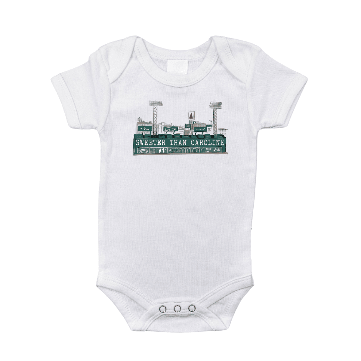 A white baby onesie with a Massachusetts theme showing "Sweeter than Caroline" printed on Fenway Park's Green Monster