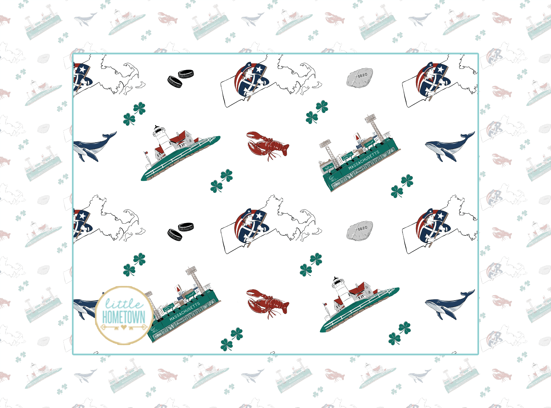 Massachusetts-themed design by Little Hometown showing all of the items on the swaddle.  Including Plymouth Rock, A whale, Shamrocks, Nobska Lighthouse in Falmouth, lobsters, hockey pucks, and the Green Monster