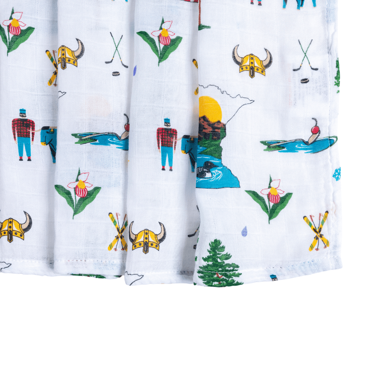 White muslin swaddle blanket with "Minnesota Baby" text and state outline, featuring a heart symbol in the center.