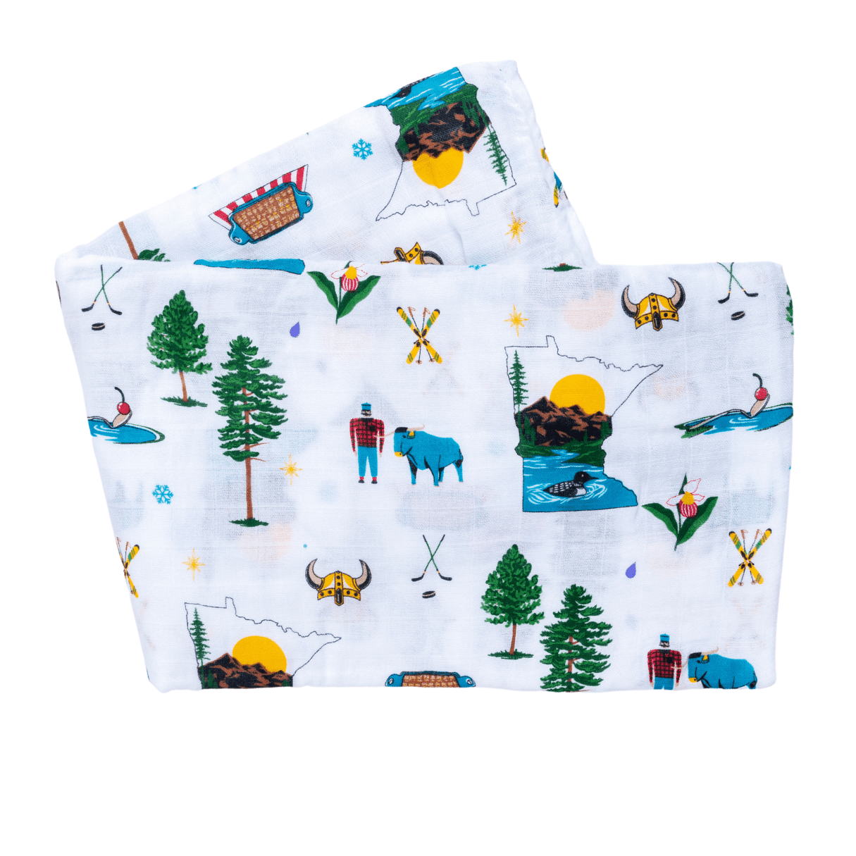 White muslin swaddle blanket with a pattern of Minnesota state icons, including loons, trees, and lakes.
