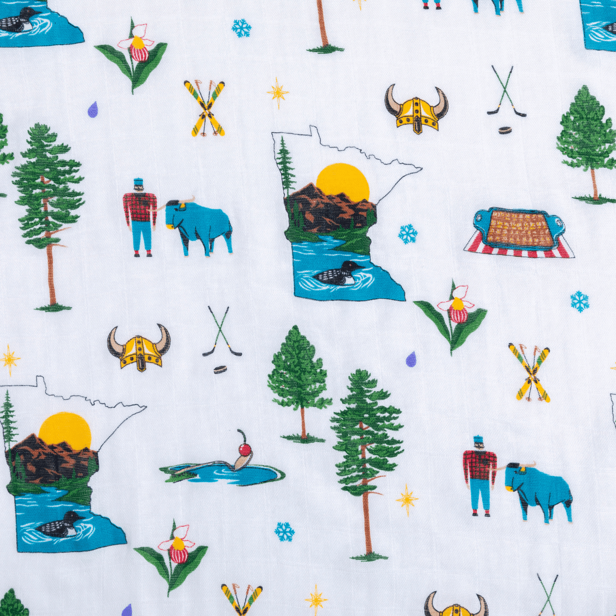 White muslin swaddle blanket with a playful Minnesota-themed print featuring landmarks, animals, and state symbols.