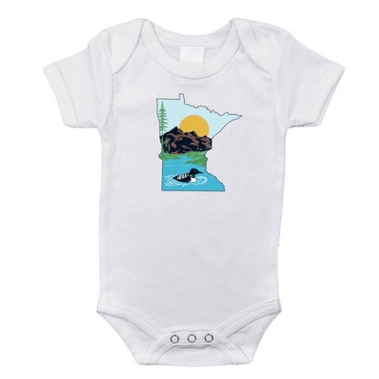 White baby onesie with a cute illustration of a loon and the text "Minnesota Loon" in playful font.