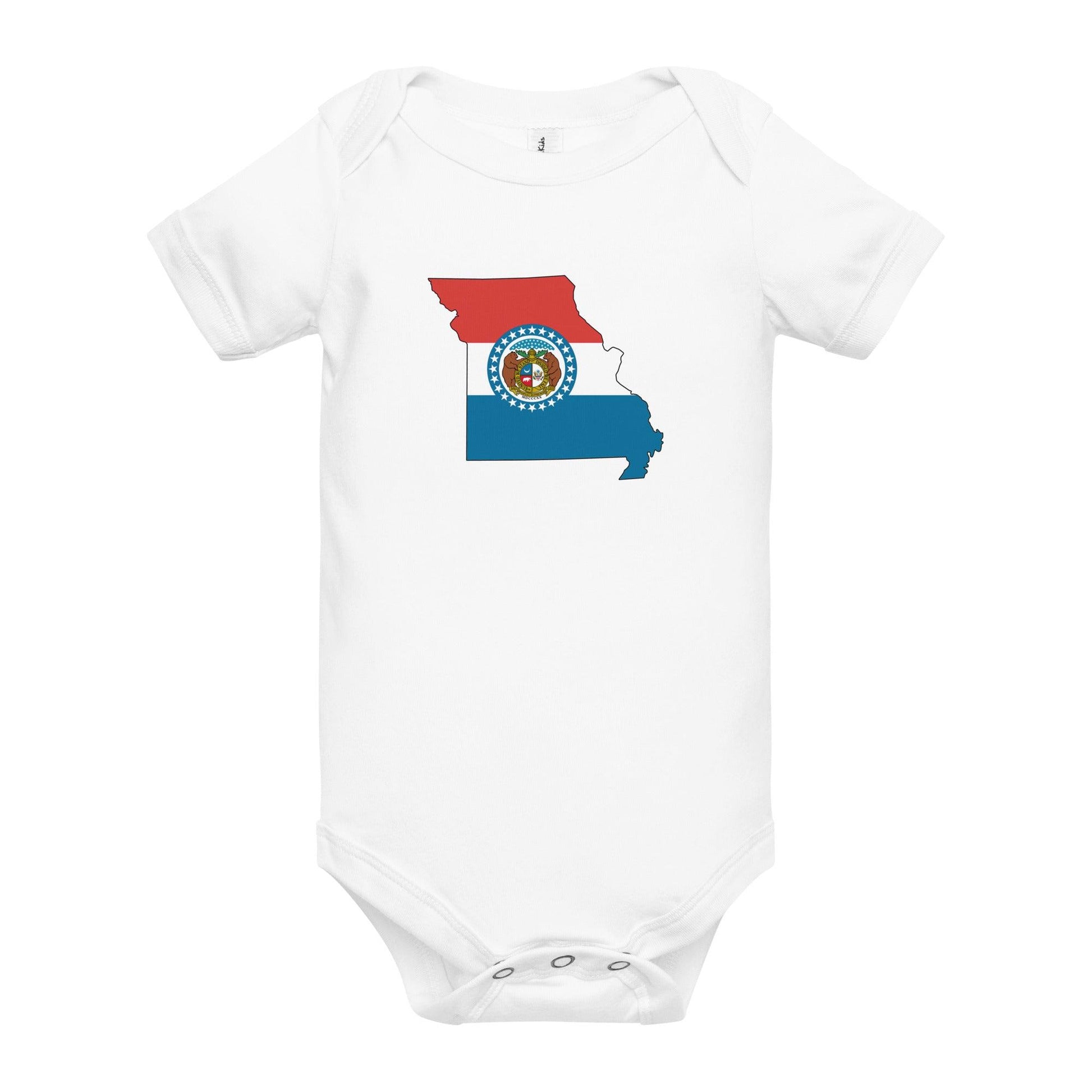 Baby onesie with the Missouri state flag design, featuring red, white, and blue colors with the state seal.