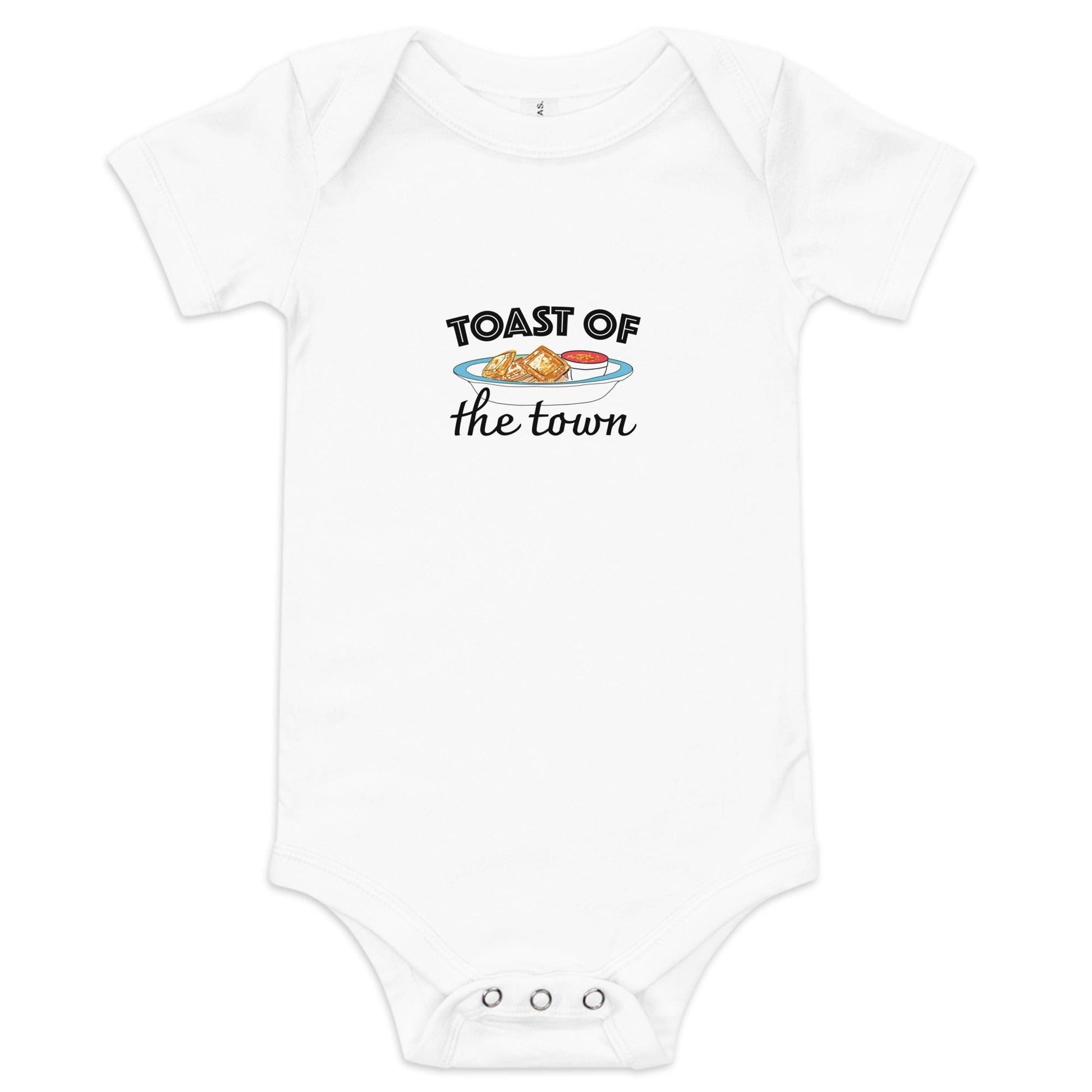 Baby onesie with a Missouri themed "Toast of the Town" text and a cute ravioli graphic, set against a white background.