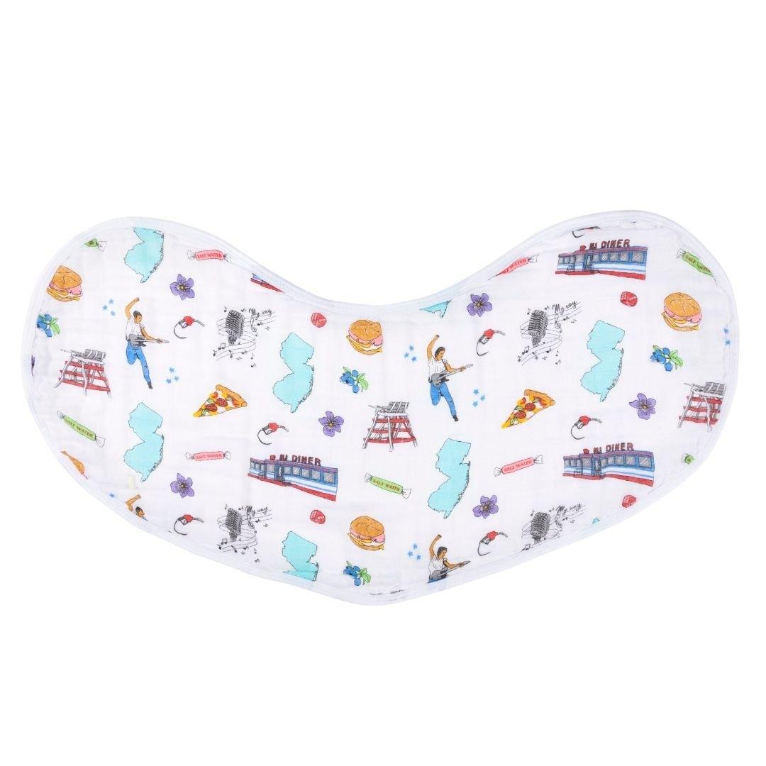 Cozy New Jersey-themed baby bib featuring iconic state symbols and landmarks in vibrant colors.