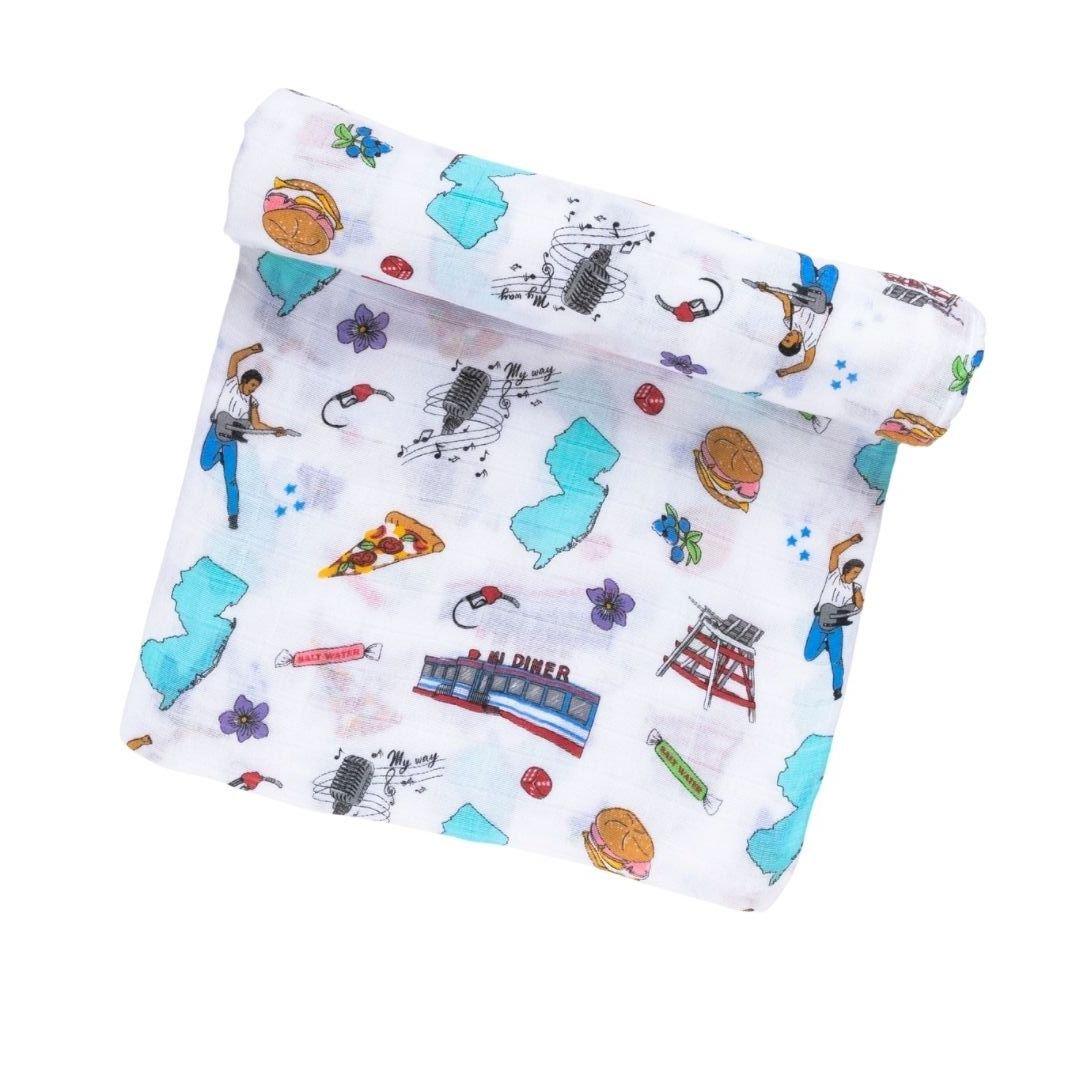Cozy New Jersey-themed baby blanket featuring state map, landmarks, foods, and cultural icons