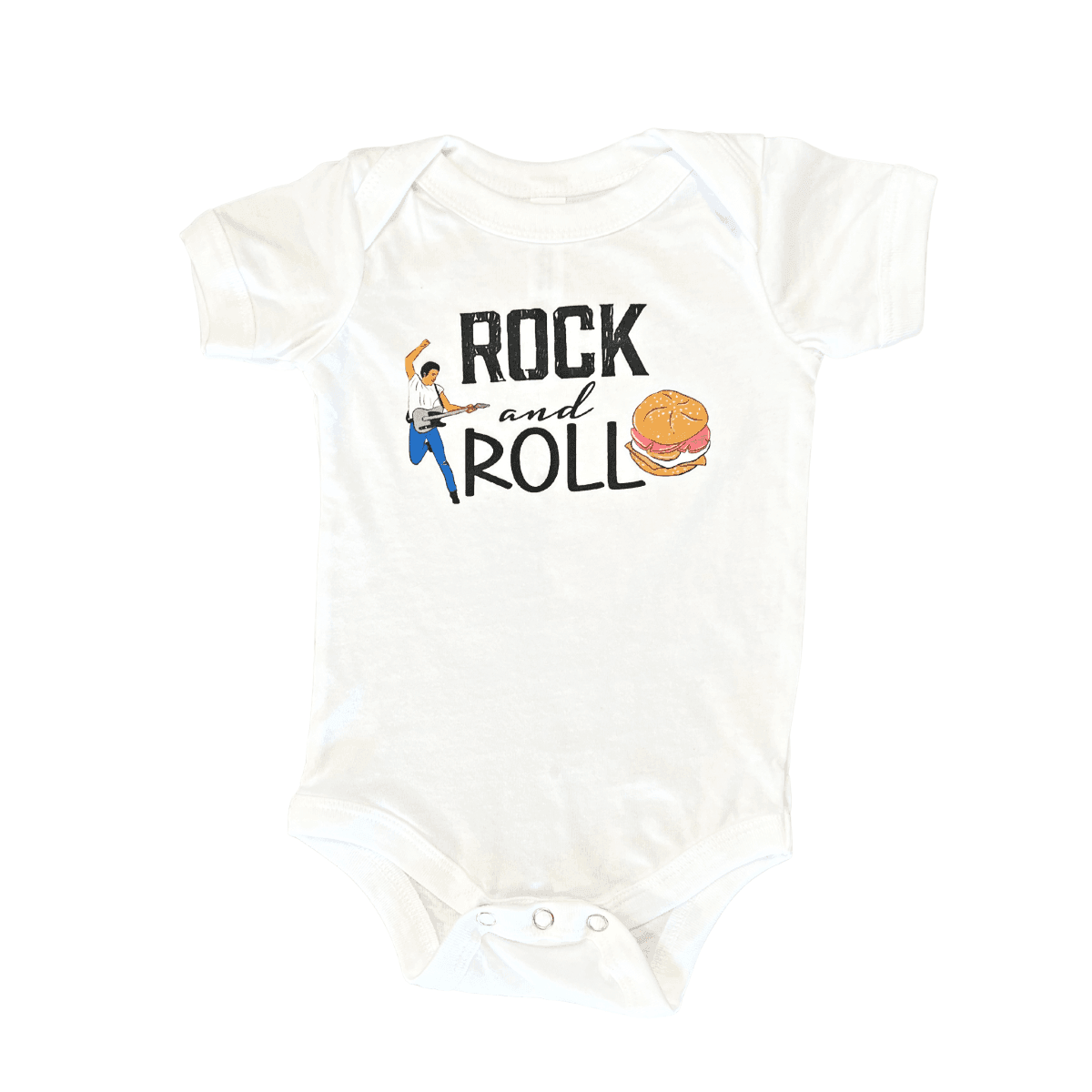 A white baby onesie with a New Jersey theme showing "Rock and Roll" with a guitar rocking musician on the left and a pork roll on the right