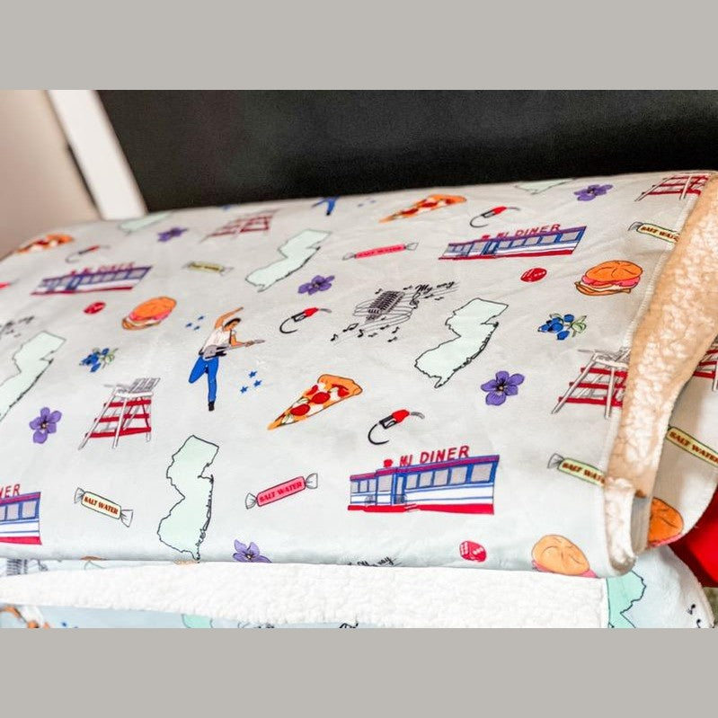 New Jersey-themed plush throw blanket, 60x80 inches, featuring a detailed map with landmarks and vibrant colors.