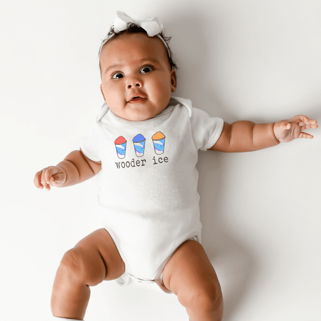 A baby wearing a Little Hometown onesie with Philadelphia themes.  The onesie says "wooder ice" under a red, blue, and orange cup of water ice