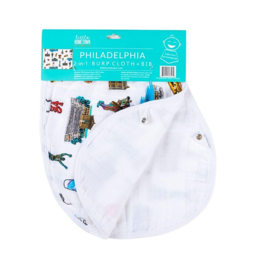 Philadelphia-themed baby bib in the package showing it is a 47'x47" blanket