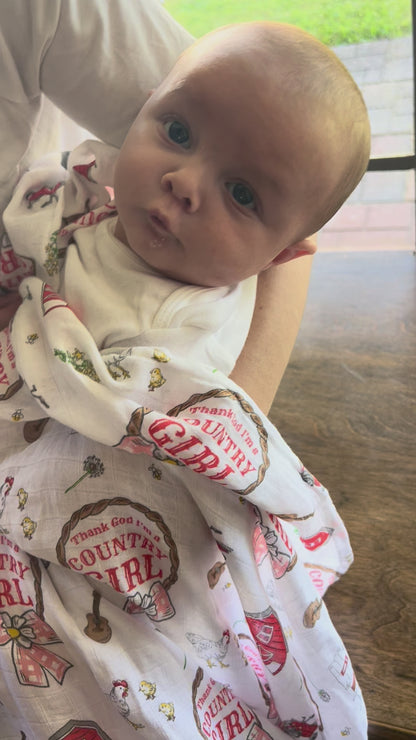 Country Girl Newborn Gift Set: Muslin Swaddle & Bib | Organic Cotton