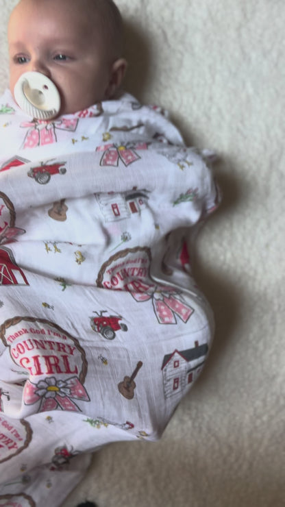 Country Girl Newborn Gift Set: Muslin Swaddle & Bib | Organic Cotton