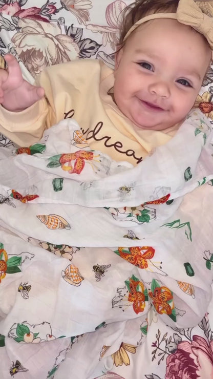 Gift Set: North Carolina Baby Muslin Swaddle Blanket and Burp Cloth/Bib Combo (Floral)
