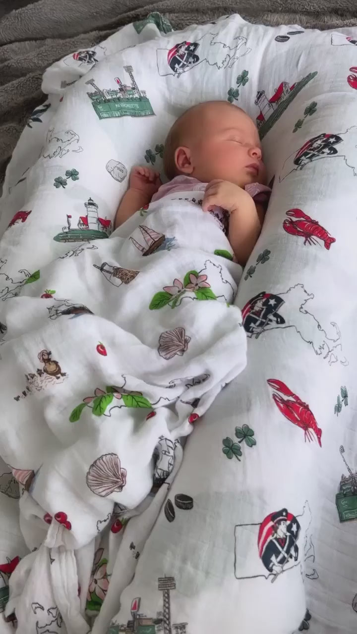 Newborn sleeping in the Massachusetts Floral swaddle