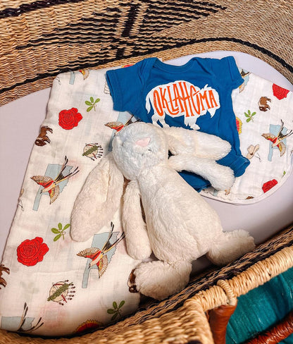 Gift Set: Oklahoma Swaddle Blanket and Burp Cloth/Bib Combo Soft Breathable Bamboo Cotton
