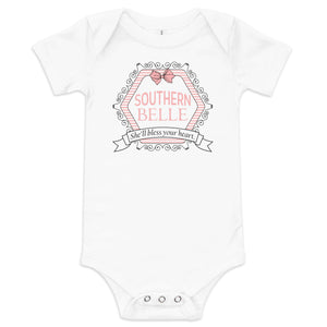 Baby onesie with "Southern Belle" in pink script, adorned with a delicate pink bow and ruffled sleeves.