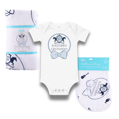 The Southern Gentleman baby gift set with its rolled swaddle, matching onesie and bow tie bib.