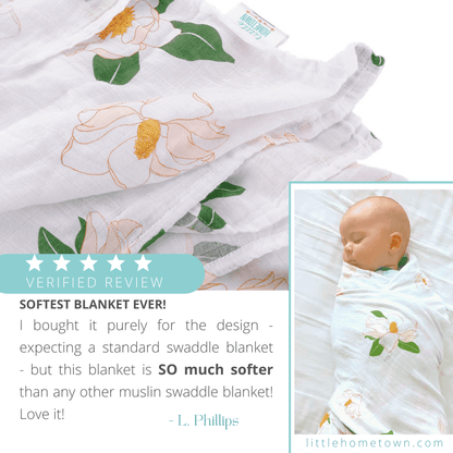 Gift Set: Southern Magnolia Baby Muslin Swaddle Blanket and Burp Cloth/Bib Combo Extra Large Bamboo Cotton