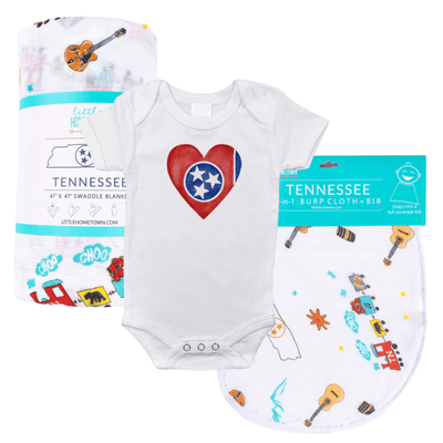 The Tennessee Heart baby gift set with a rolled swaddle, heart onesie and matching little bib.