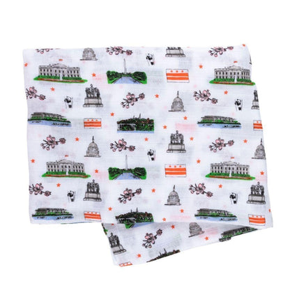 Gift Set: Washington D.C. Baby Muslin Swaddle Blanket and Burp Cloth/Bib Combo Baby Shower Essential for Newborn