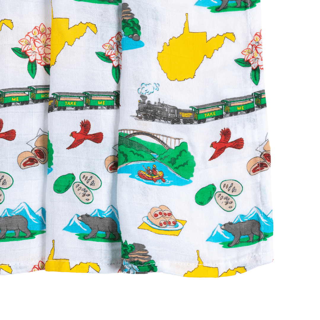 West Virginia-themed baby muslin swaddle blanket with a map design, featuring landmarks and playful illustrations.