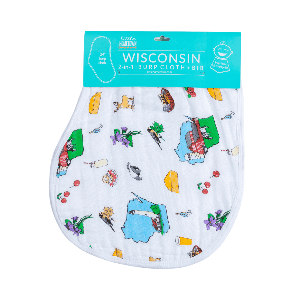 Wisconsin-themed baby burp bib, featuring state icons and Wisconsin state outline with a farm, also featuring birds, cheese, cherries, and other local iconography