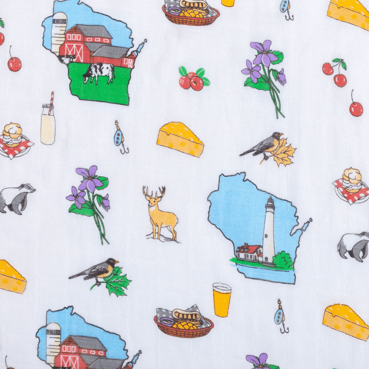 White muslin swaddle blanket with a colorful map of Wisconsin, featuring landmarks and playful illustrations.